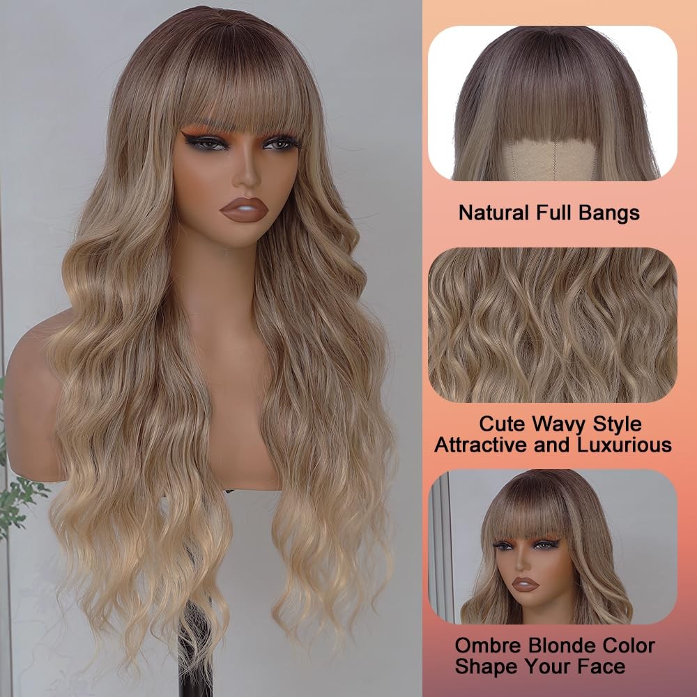 Long Blonde Highlights Wigs with Bangs 26Inch Wavy Curly Hair for Women Tangl…