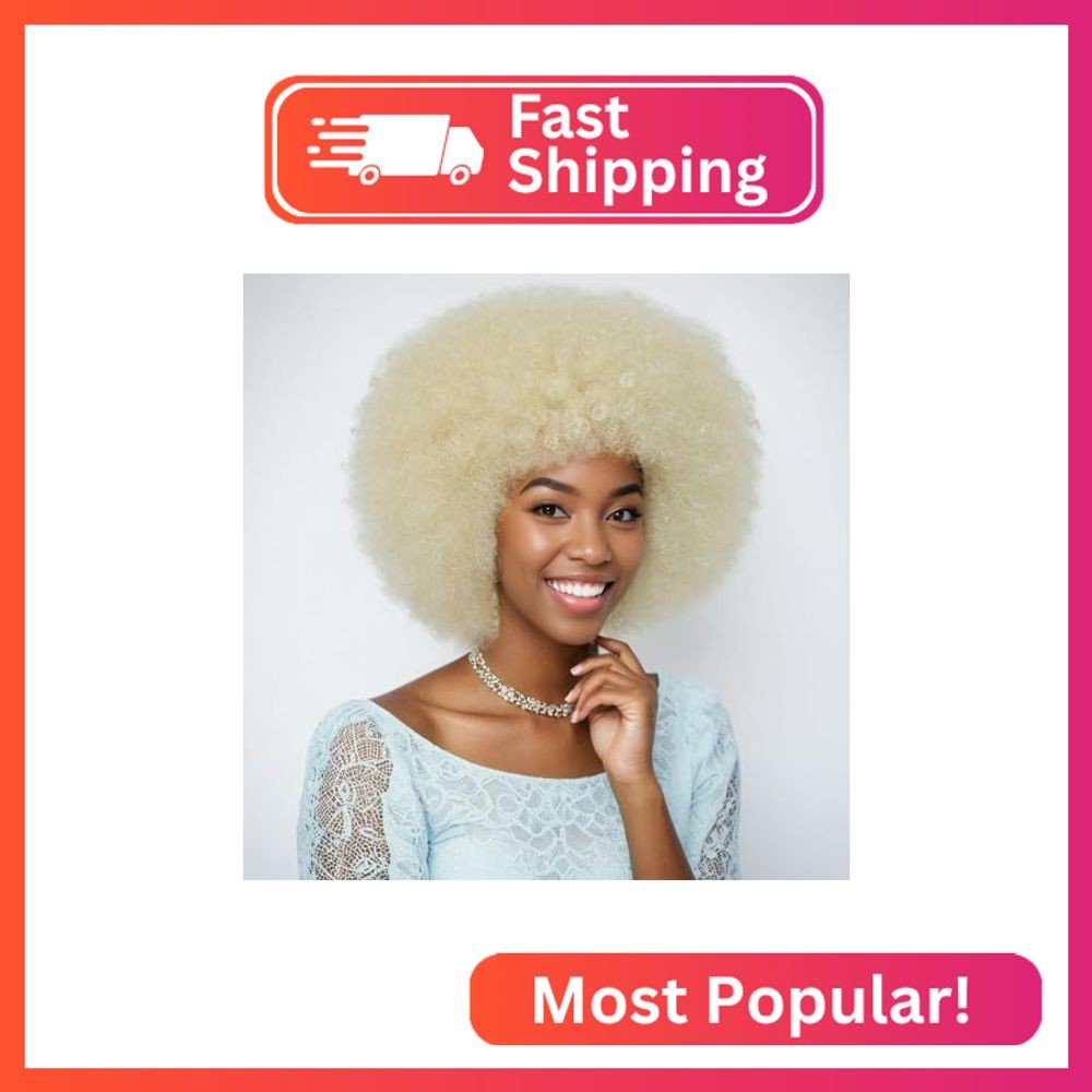 YOKAS Short Afro Wig with Bangs for Black Women Blonde 70s Puff Afro Kinky Curly