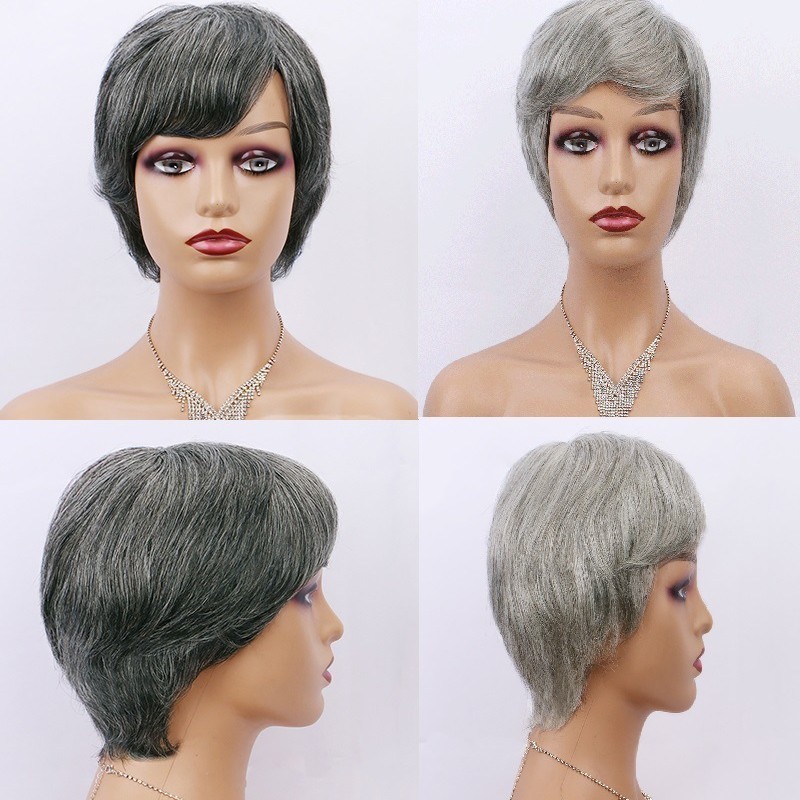 6 Inch Gray Human Hair Wig Short Mechanized Full Cap Wig for Black Women