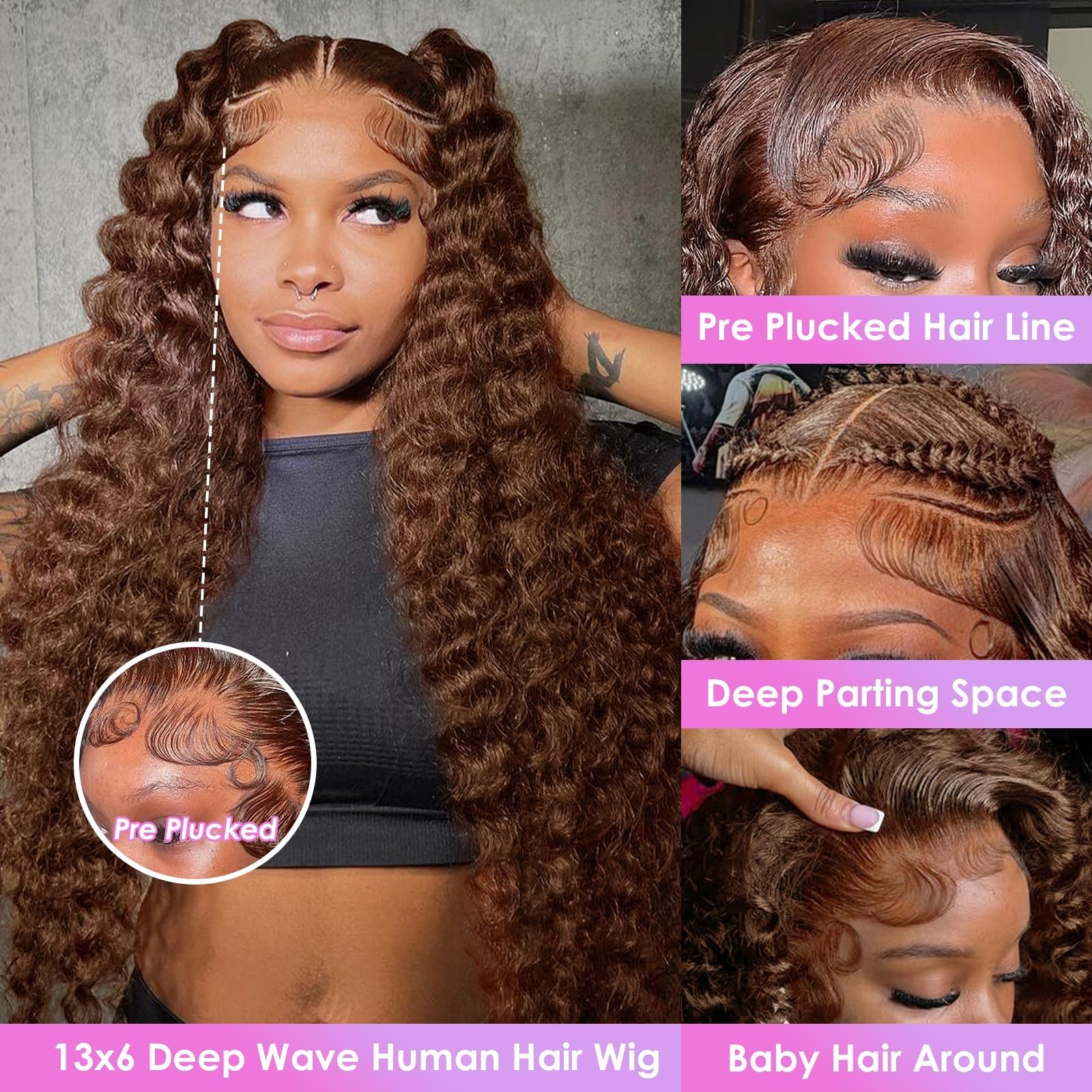 30″ Chocolate Brown Deep Wave Lace Front Wig – 200 Density Curly Human Hair, HD