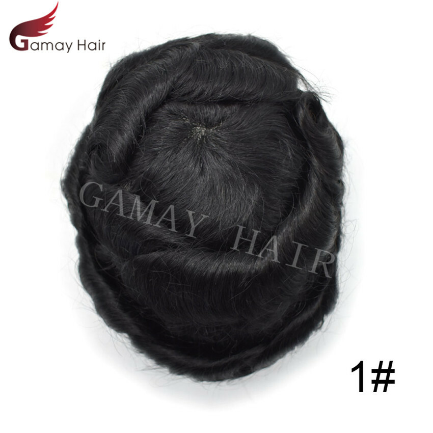 Mens Toupee Fine Mono PU Around Durable Hairpieces Human Remy Black Wigs ALI1
