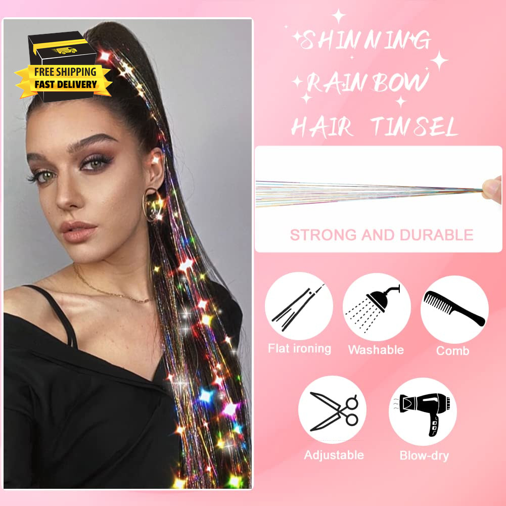 Hair Tinsel, (48 Inch 5Pcs 1200 Strands) Colorful Glitter Tinsel Hair Extensions