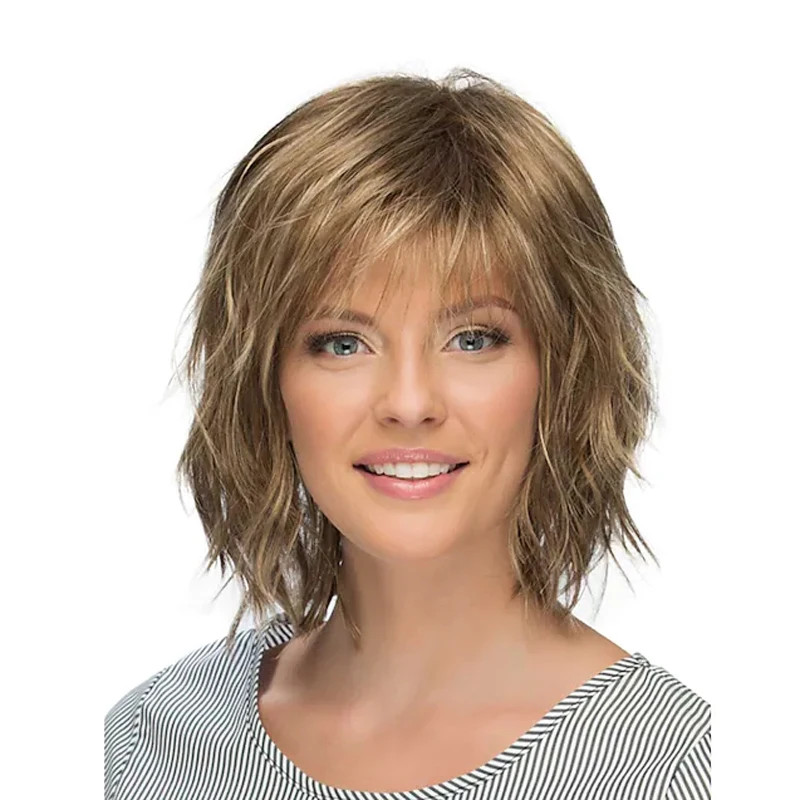 Synthetic Hair Blonde Brown Wigs for Women Curly with Bangs Short Wig
