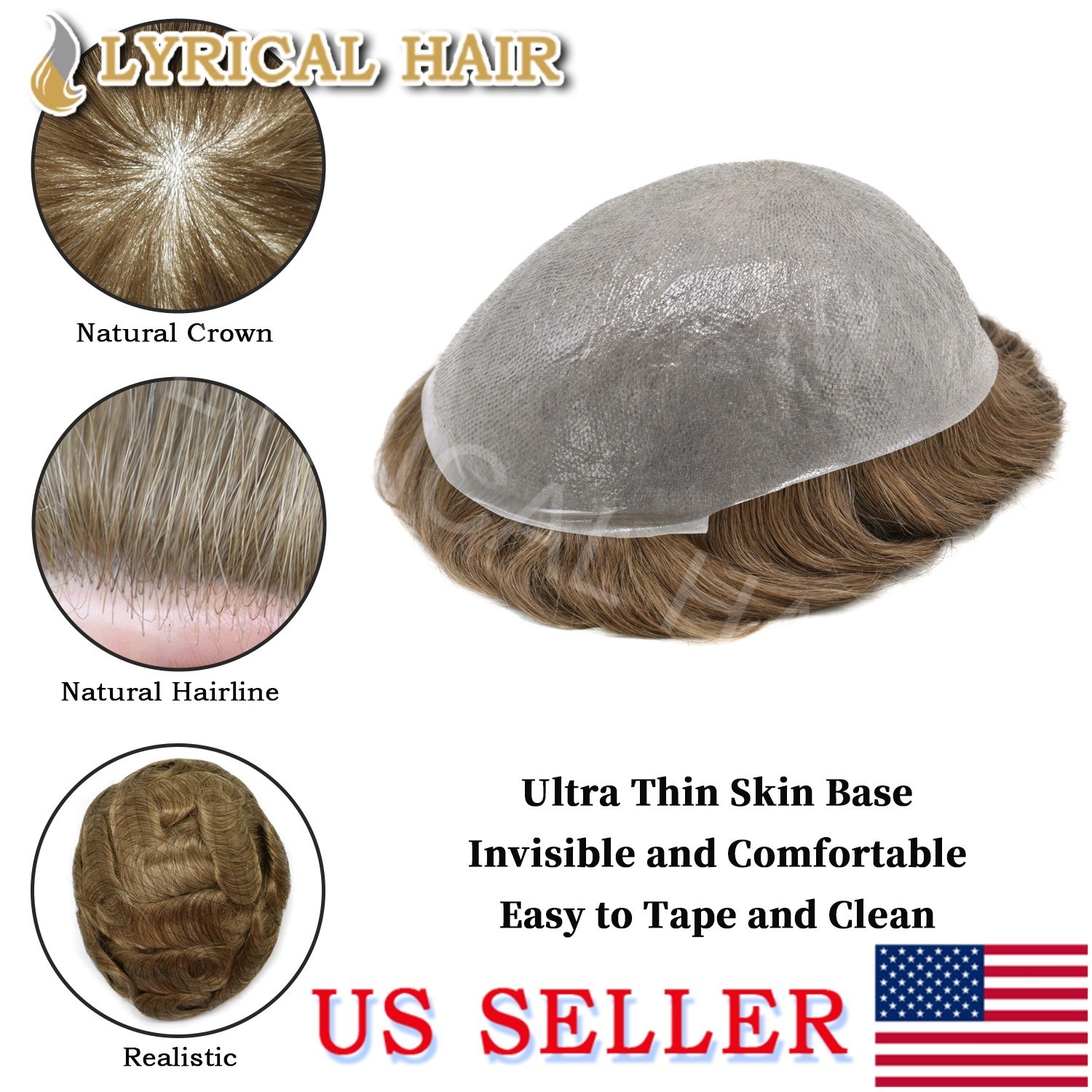 LyricalHair Thin Skin Mens Toupee 0.06mm V-looped PU Invisible Human Hair System
