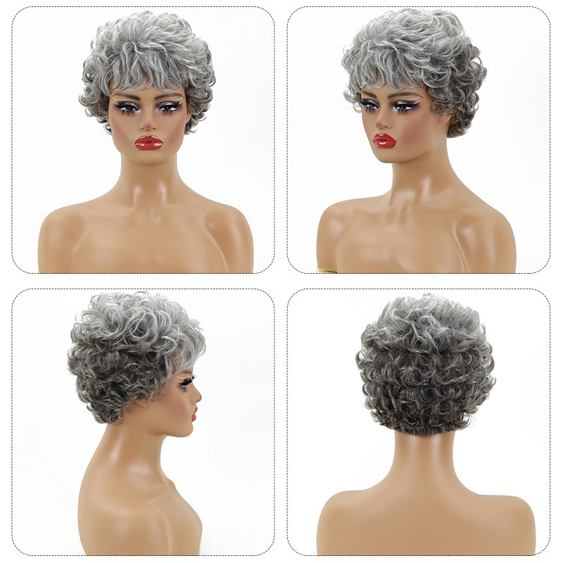 Women’s Short Curly Silver Gray Wig Heat Resistant Synthetic Full Daily Wear