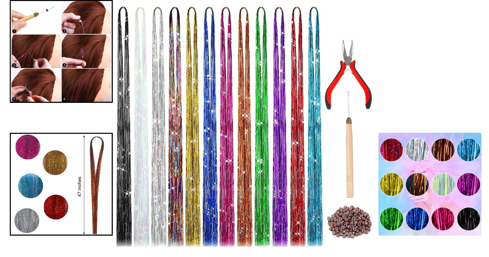 Customizable 47 Inch Tinsel Hair Extension Kit – 2400 Sparkling Strands Included