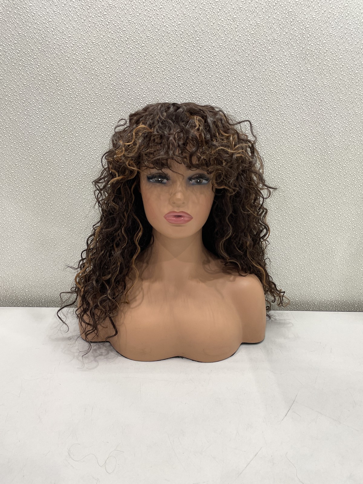 Gorgius Brown Highlights Fiber & Human Hair Blend Curly Wig With Bangs 20″
