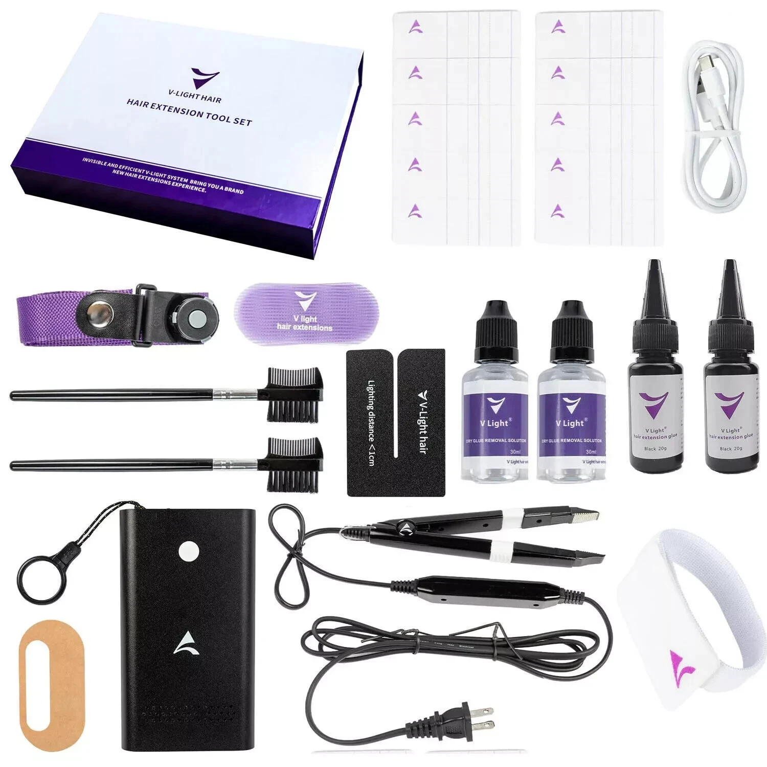 V Light Hair Extension Machine Box Sets (15-Piece) – 4 Glue & 4 Removal Solution
