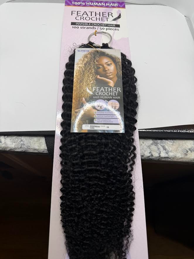 FEATHER CROCHET 100% HUMAN BOHEMIAN CURL HAIR INVISIBLE CROCHET HAIR