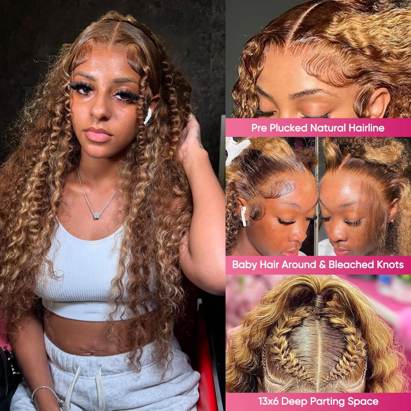 Juviso 26 Inch Honey Blonde Wig Human Hair Deep Wave 13X6 Hd Ombre Lace Front
