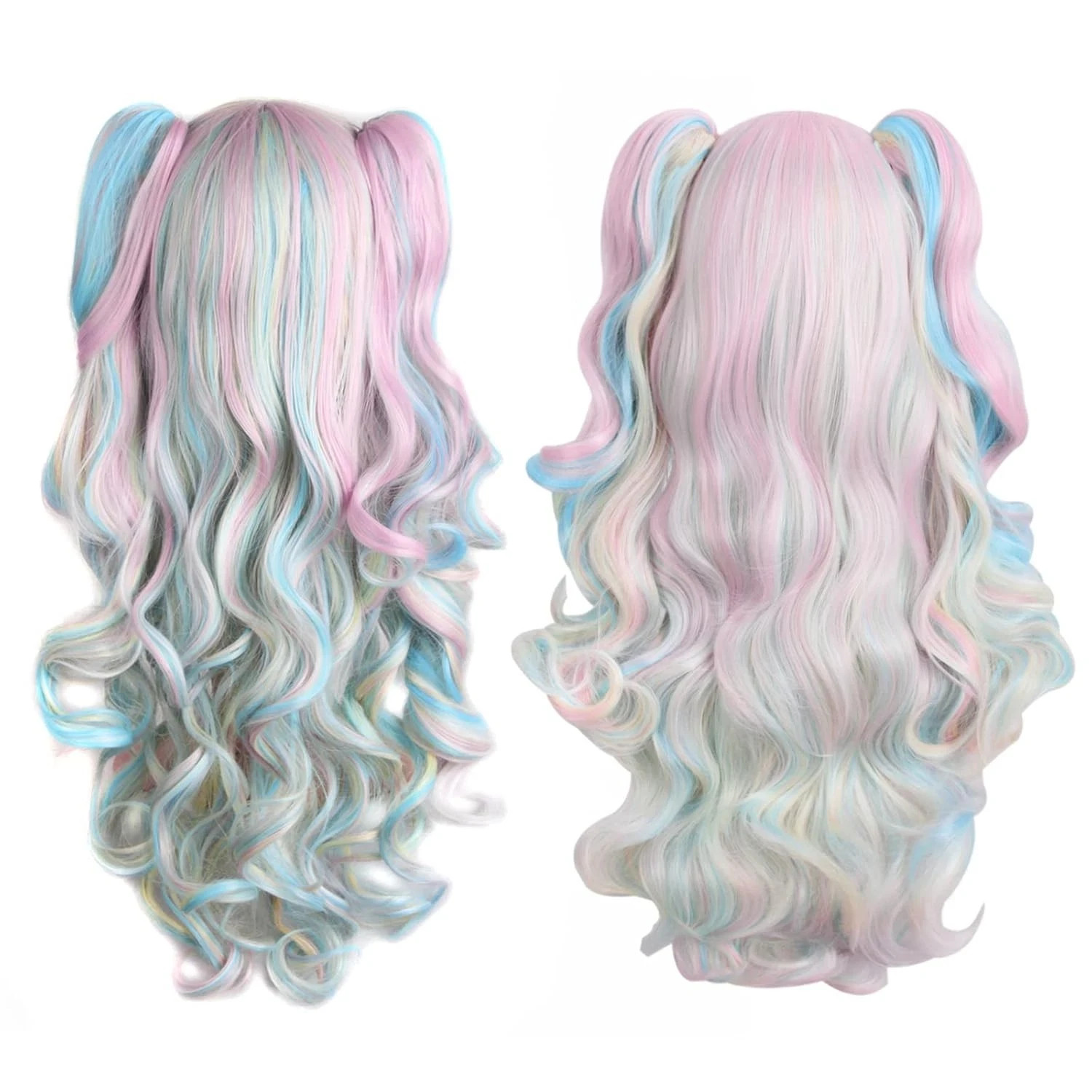 Multi-color Lolita Long Curly Clip on Ponytails Pink/Blue/Blonde