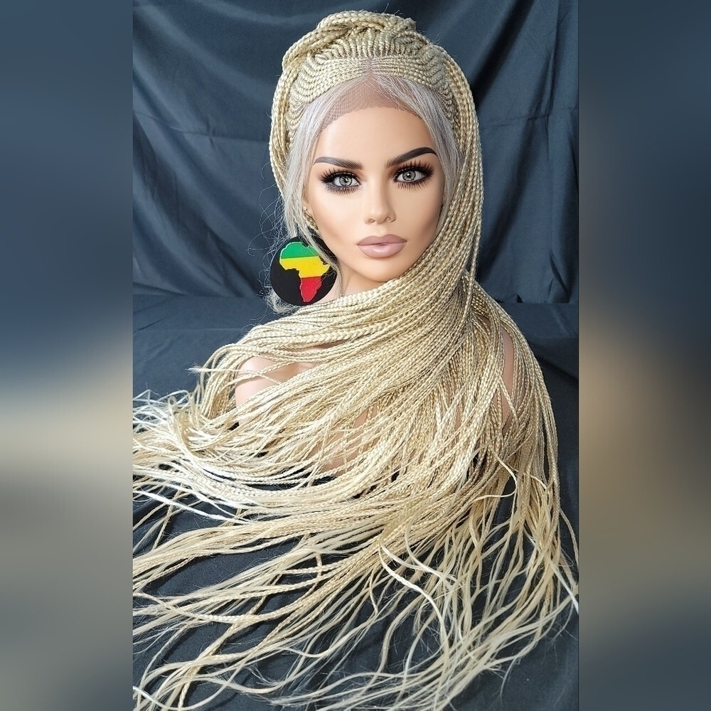 Braided Wig Full Lace 32″ Blonde Ombre Micro Braids Glueless Handmade NWT Long