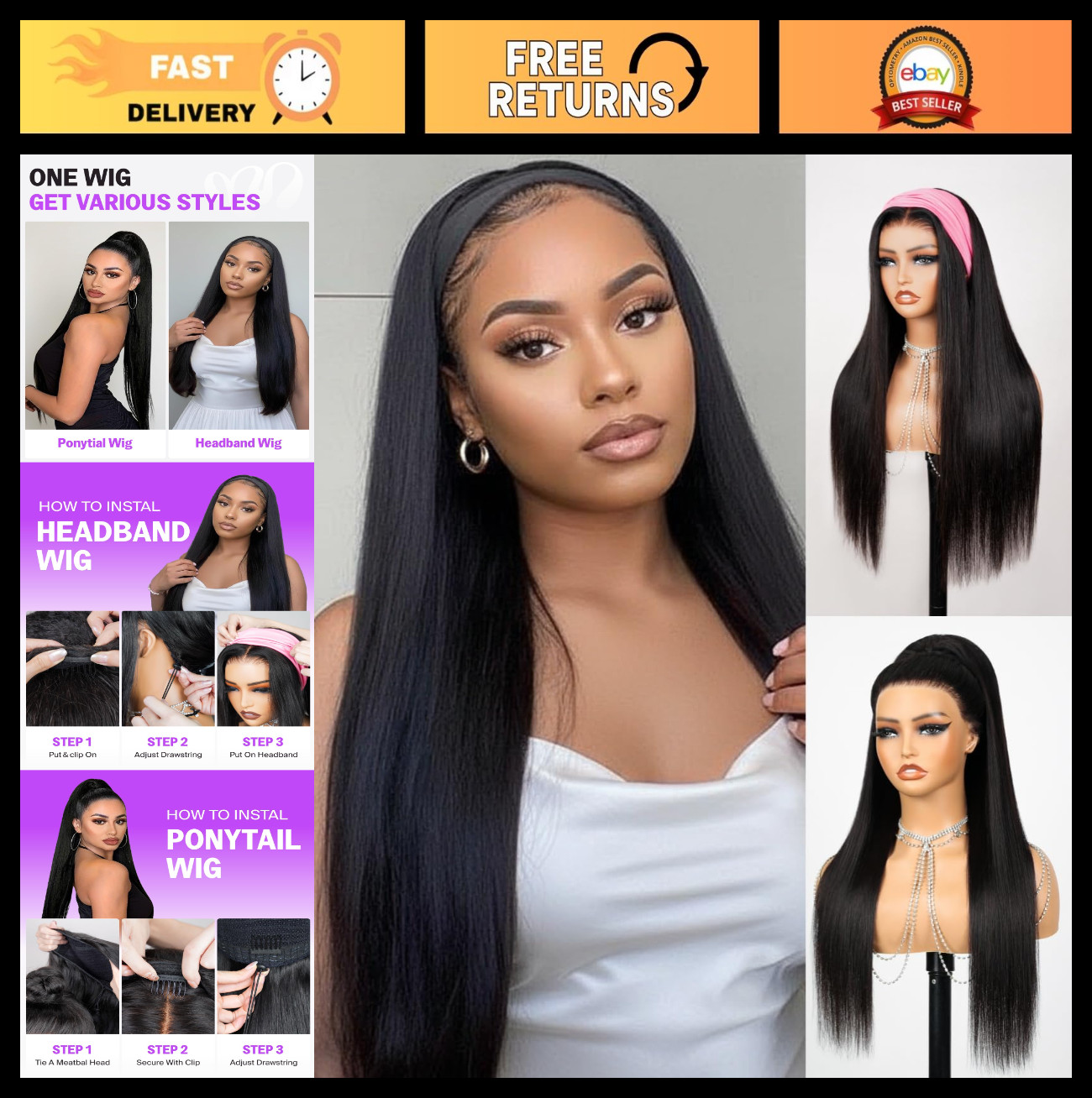 20-Inch Straight Headband Wig Human Hair Drawstring Ponytail Half Wig – No Lace,