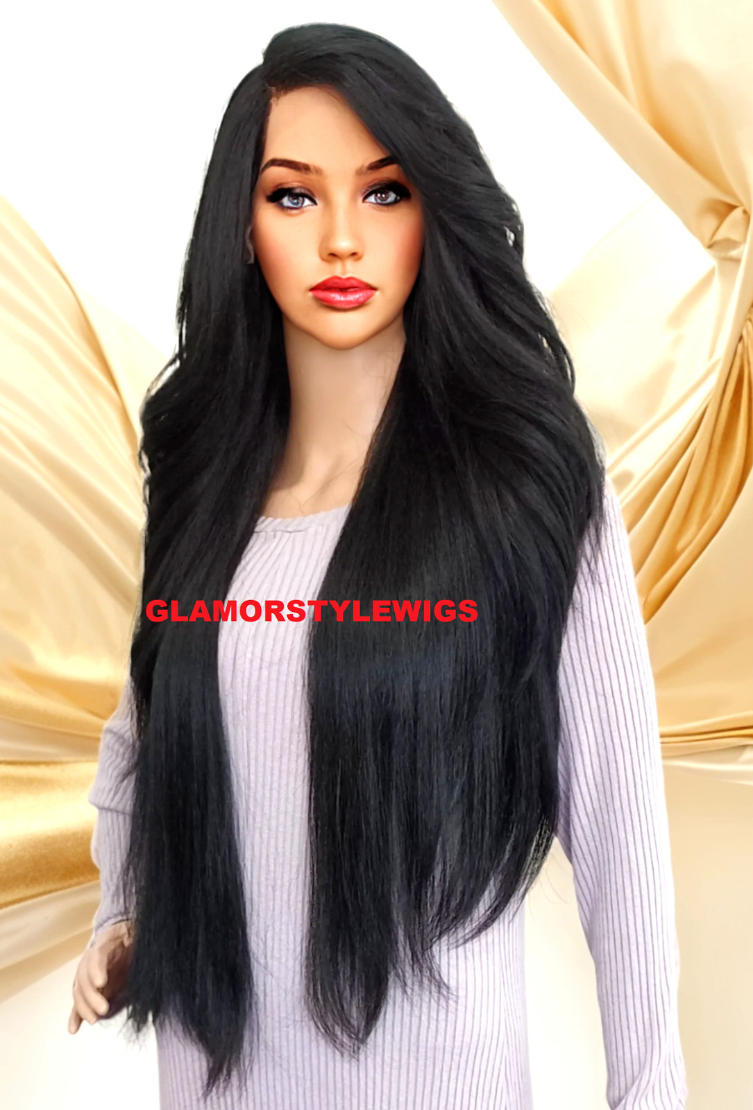 39″ LACE FRONT FULL WIG LONG STRAIGHT LAYERED SIDE PART JET BLACK #1 HEAT OK NWT