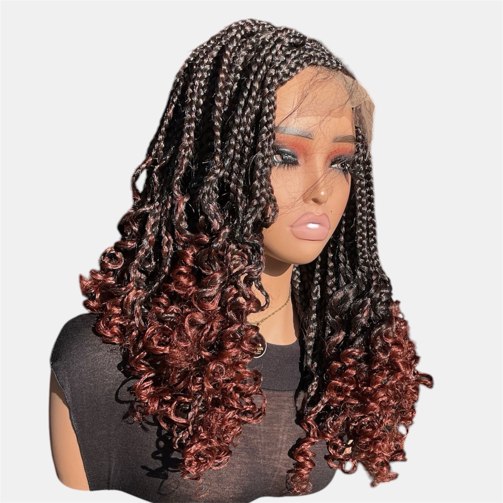 Handmade 4×4 Lace Cornrow Braided Wig – Brown Ombre with Curly Ends