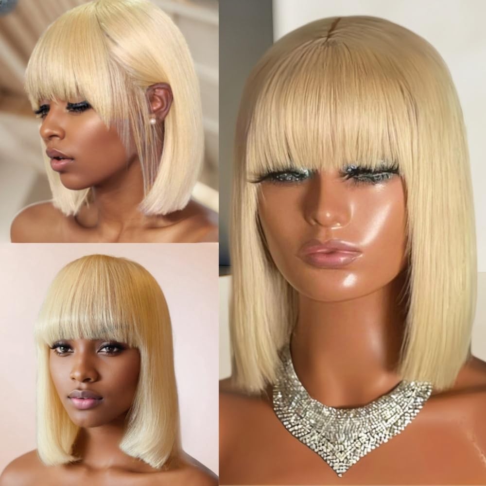 12inch Short Black Straight Wig with Bangs for Women,High Temperature Fiber
