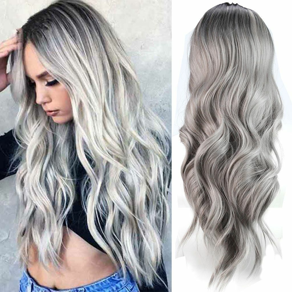 Women’s Wig Long Curly Hair Wigs Hair Ombre Silver for Cosplay Party Daily Use