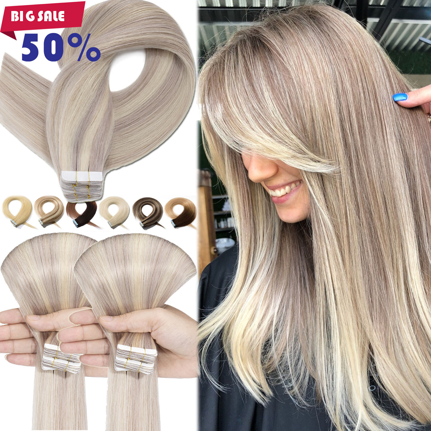 SALE Thick-Glue 150G Tape In Remy Human Hair Extensions Full Head Skin Weft Grey