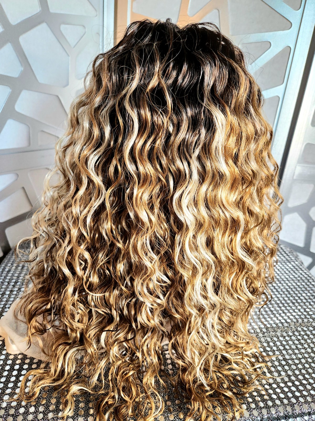 Blonde Ombre Auburn Loose Wave Lace Front Wig: Human Hair Blend, 18 “Curly Wig
