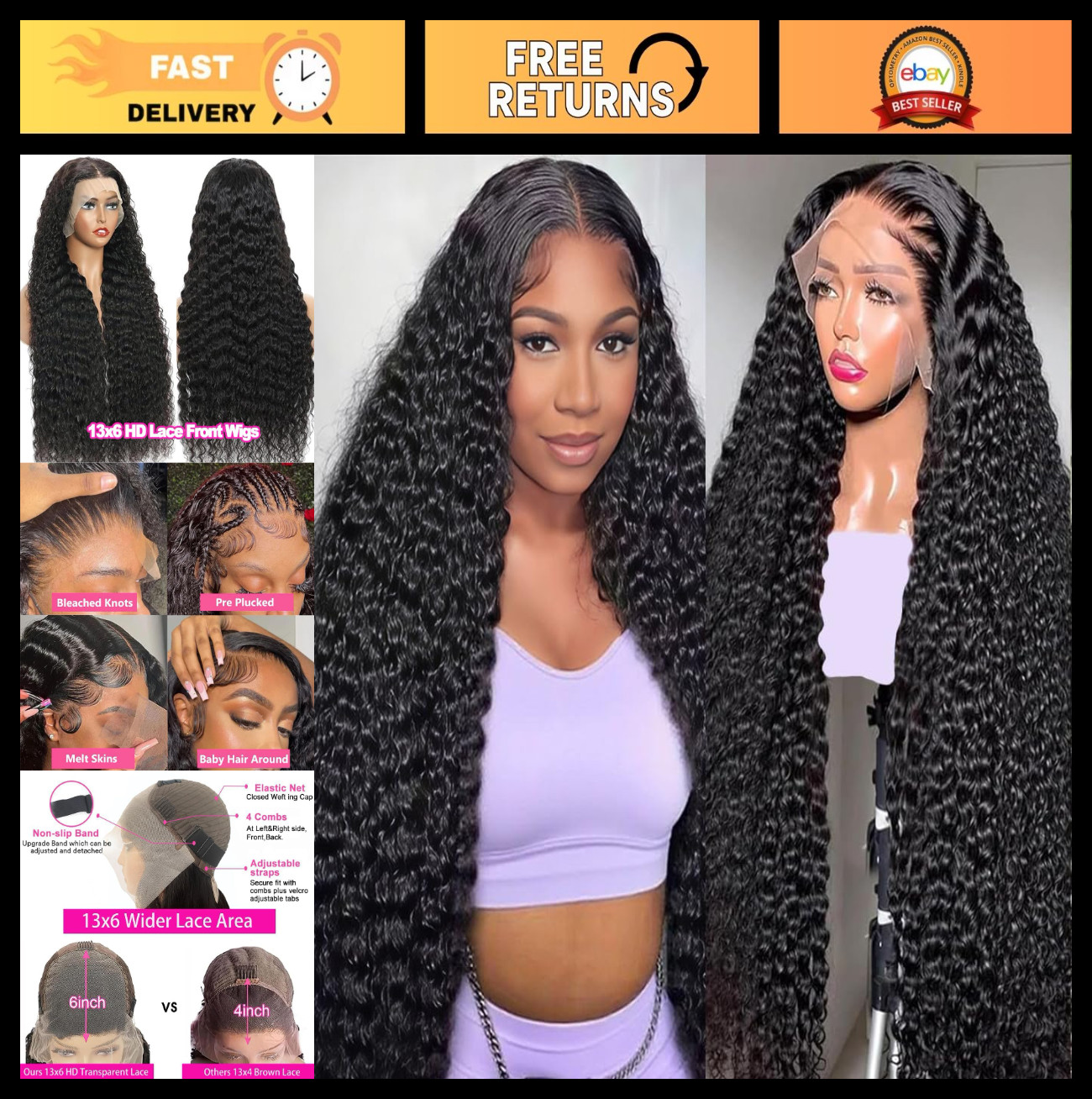 30″ Deep Wave Lace Front Wig – 200 Density Human Hair, HD Frontal, Pre-Plucked,