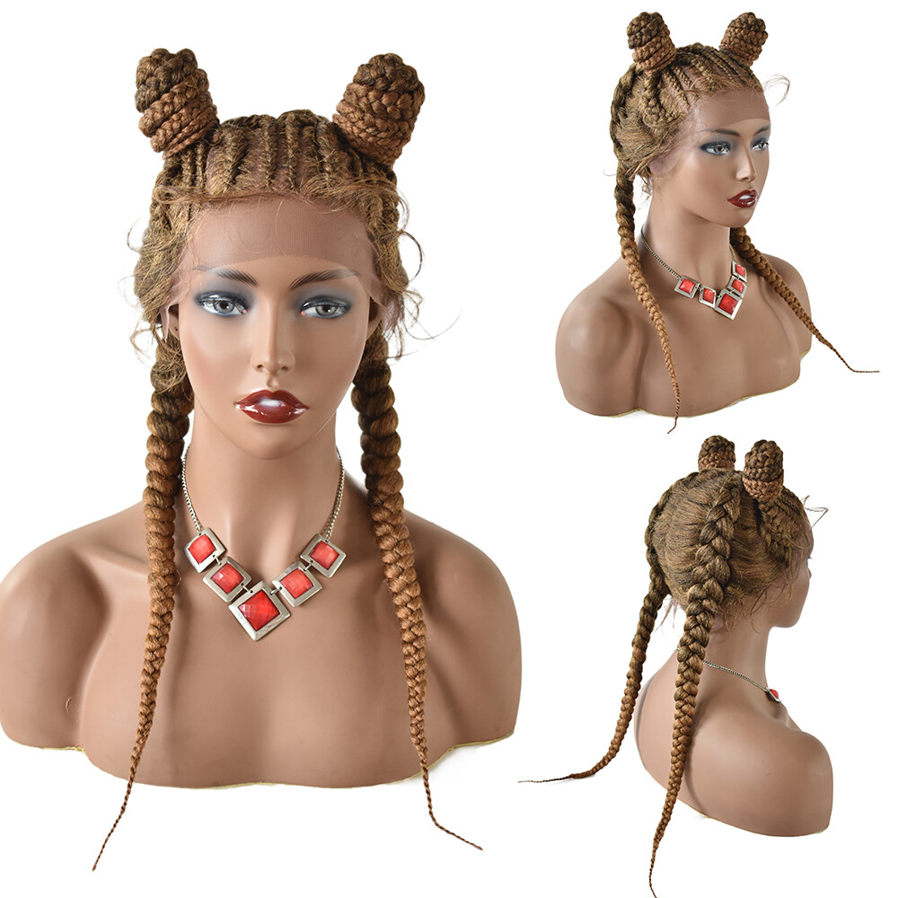 Swiss Lace Front Cornrow Box Braided Women Wigs Baby Hair 2 Updo Buns Ponytails