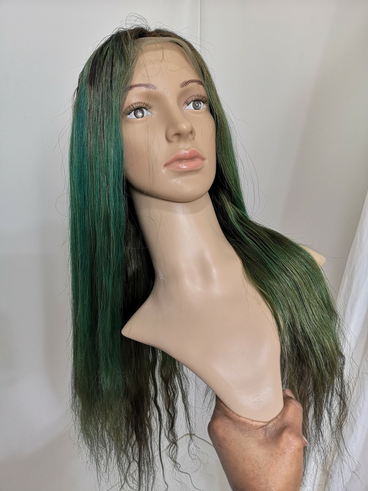 Custom High Quality 24” Soft Silk Green Brown Human Hair Front Lace Wig