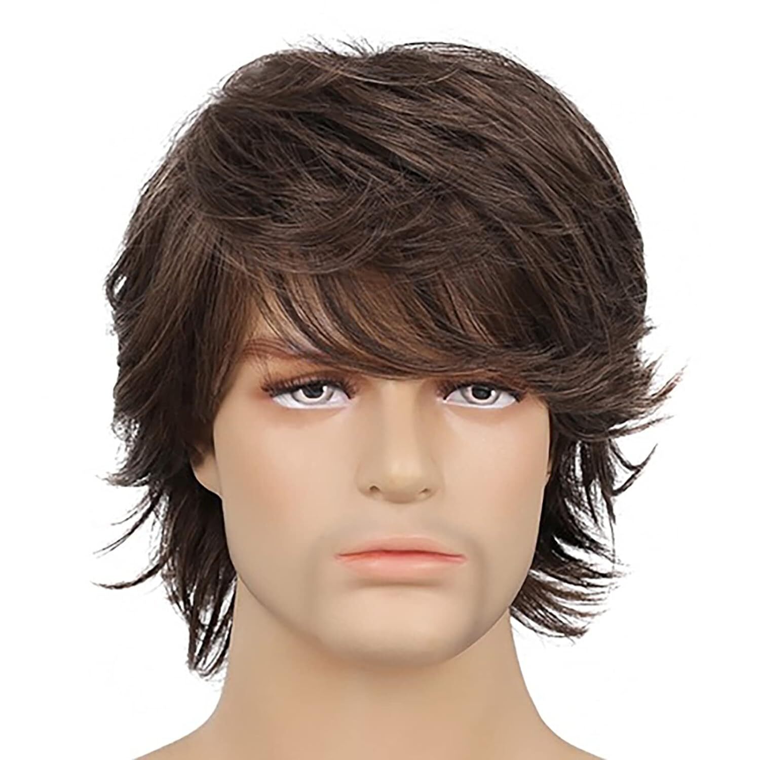 Men Brown Short Wigs Layered Natural Wavy Synthetic Hair Boys Male Wig Bangs USA