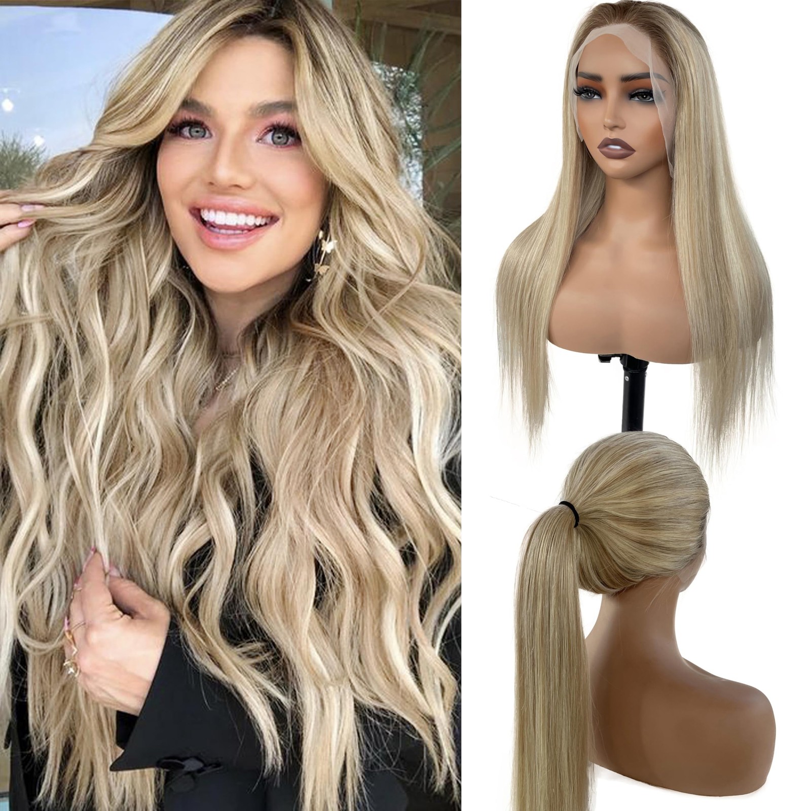Highlight 13×6 HD Lace Front Human Hair 20 Inch Balayage Ash Brown to Beige B…