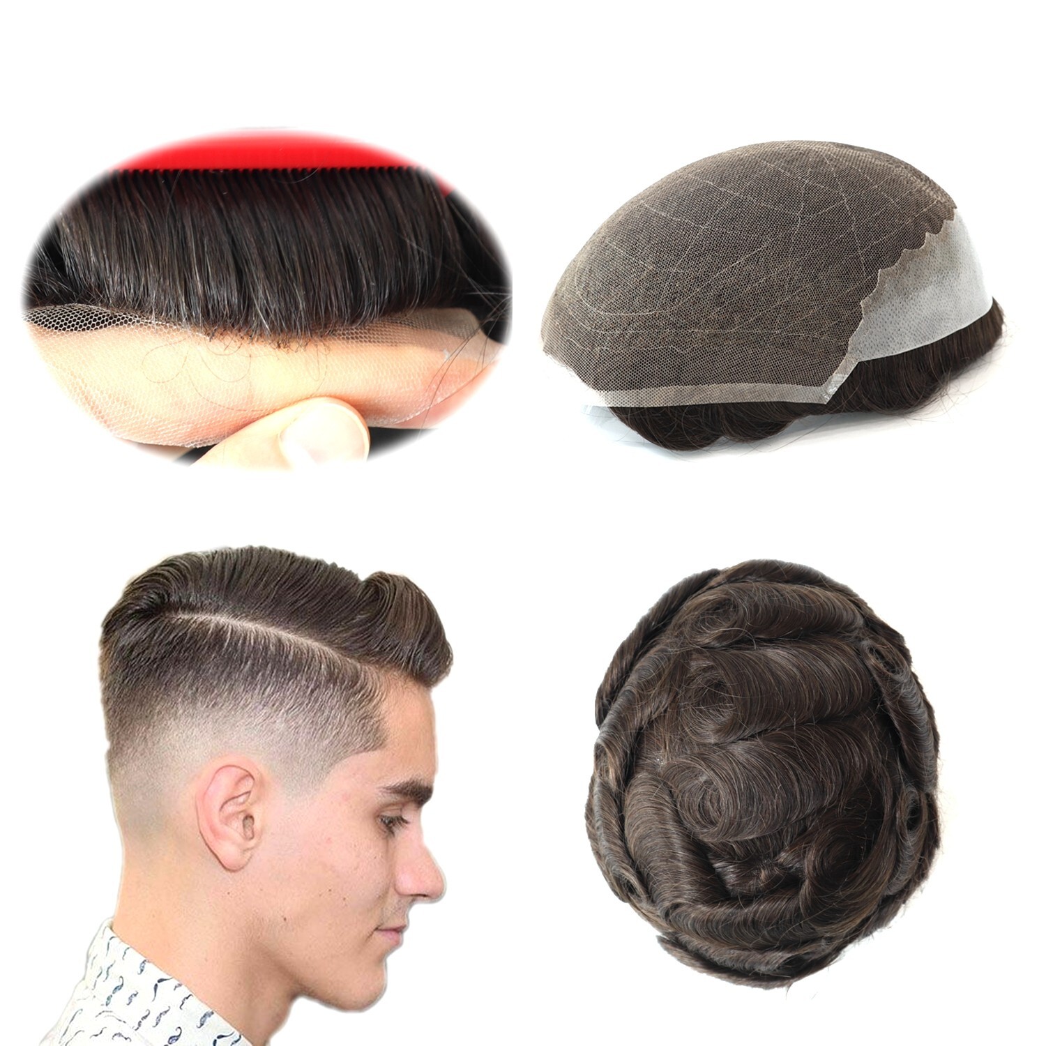 Mens Toupee Human Hair Replacement System French Lace Poly Skin Hairpiece Q6 #3