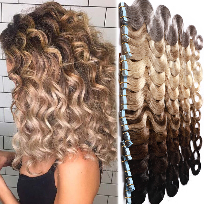 20/40/60pcs Thick Tape In Human Hair Extensions Skin Weft Body Wave Curly #Brown