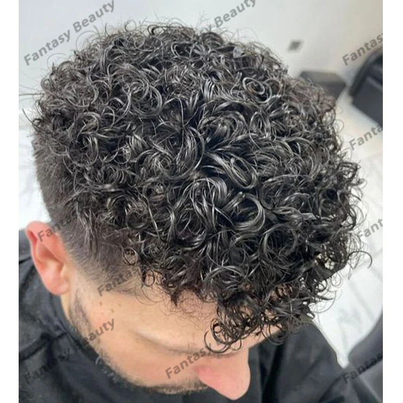 Black Natural Loose Curl 18mm Curly Men Toupee Durable Thin Skin Full Pu Base