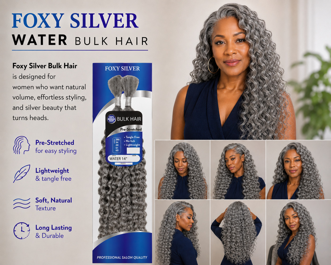 Foxy Silver BULK HAIRS, 100% HUMAN HAIR, 14″-18″, Natural look, 3 different wave