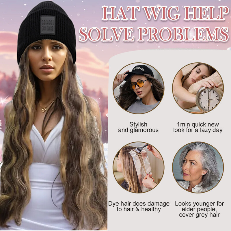Women Baseball Cap with Synthetic Wig Long Wavy Full Wigs Hat Knitted Straight