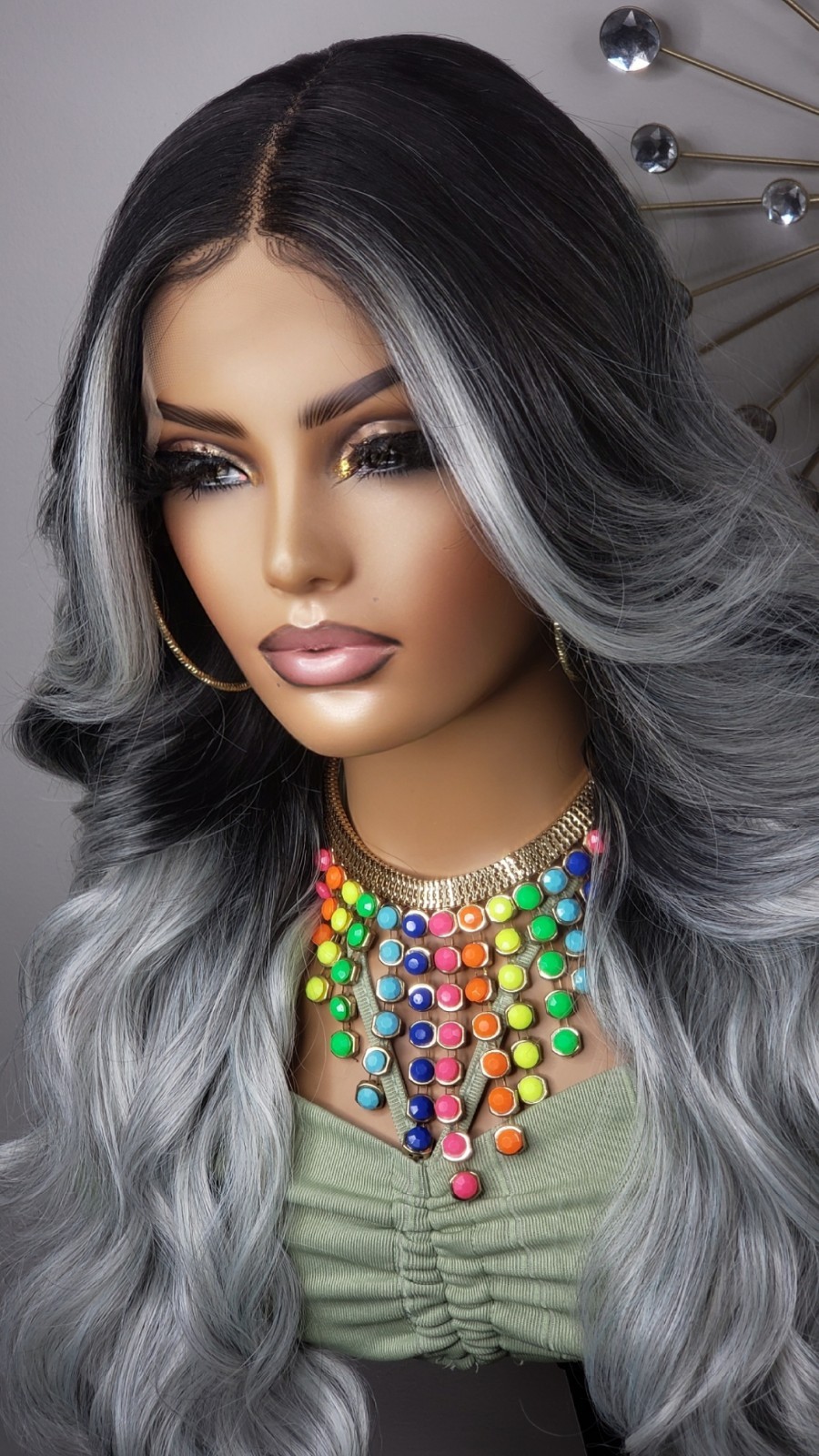 New Long Curly Money Piece Silver Gray Black Lace Front Wig Womens Wavy Style