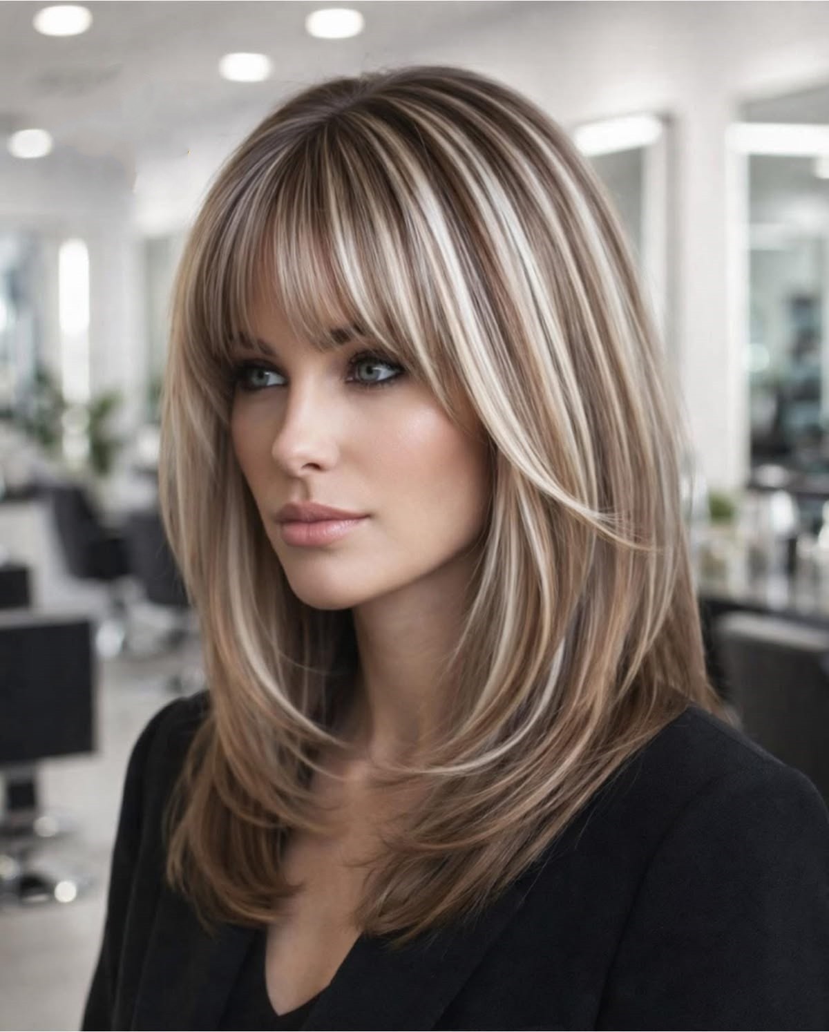 Dark Brown with Blonde Highlight Layered Bangs Lace Front 100% Human Hair Wigs