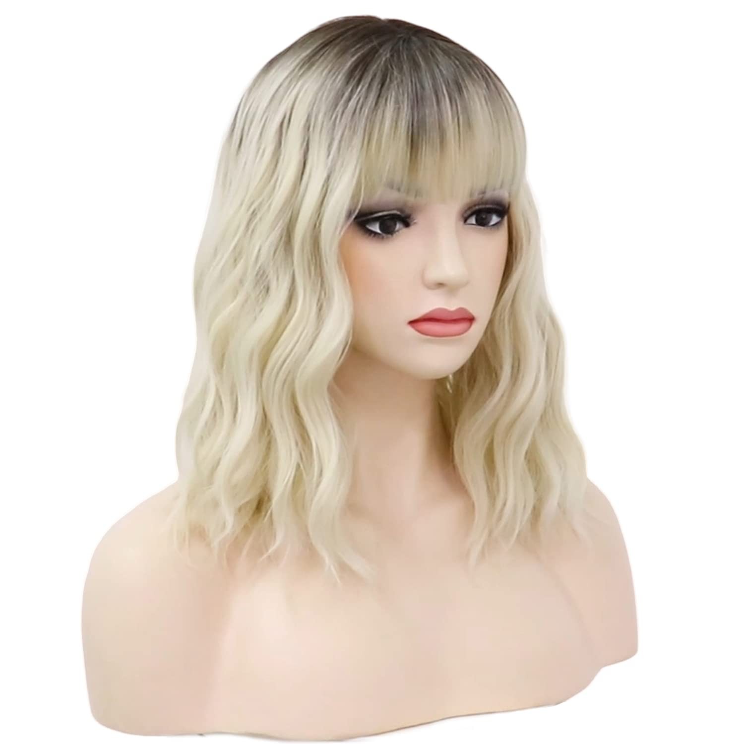 Platinum Blonde Wig Dark Roots 14 Inches Short Wavy Curly Wigs with Bangs Sho…