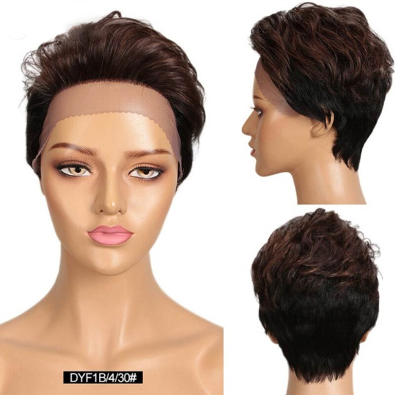 Women Pixie Cut Short Wave Real Remy Human Hair Lace Wig Full Machine Made Wigs