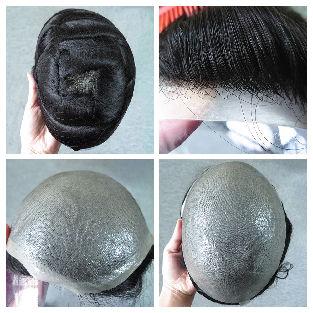Durable Toupee Mens Human Hair Miage Skin Hairpieces System Replecement BLACK