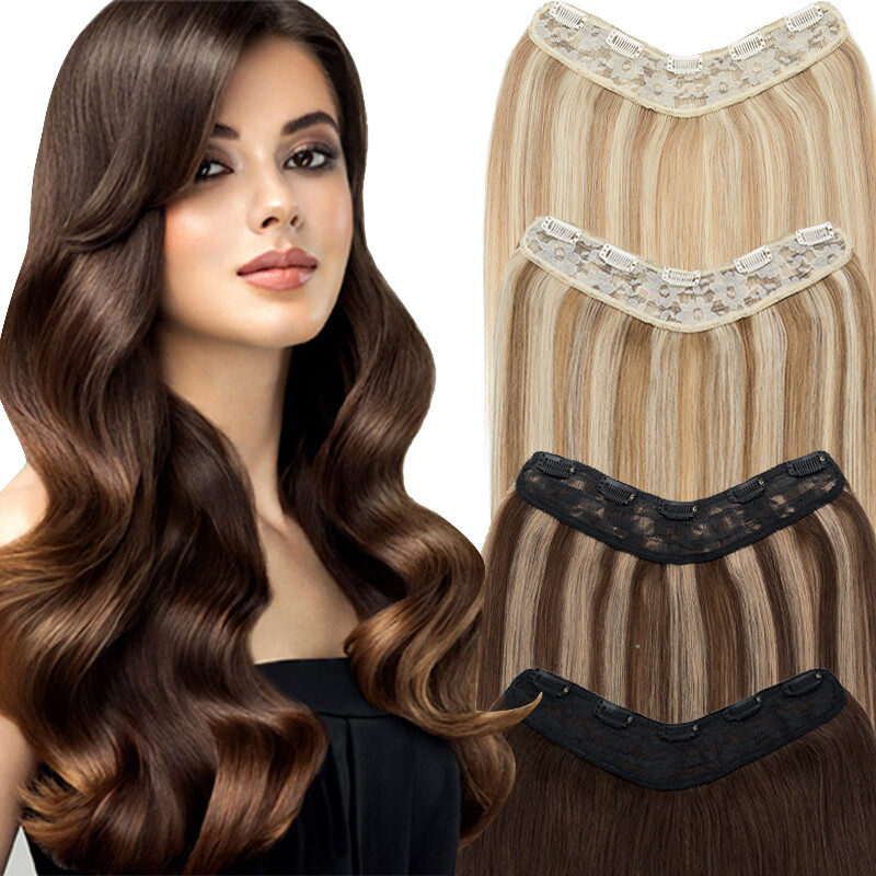 V-shape One Piece Clip In 100% Remy Human Hair Extensions 3/4 Full Head Weft