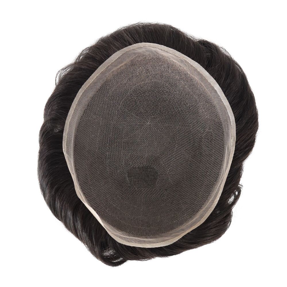 Mens Human Hair Replacement System French Lace Toupee Hairpiece Wavy Hair #1B