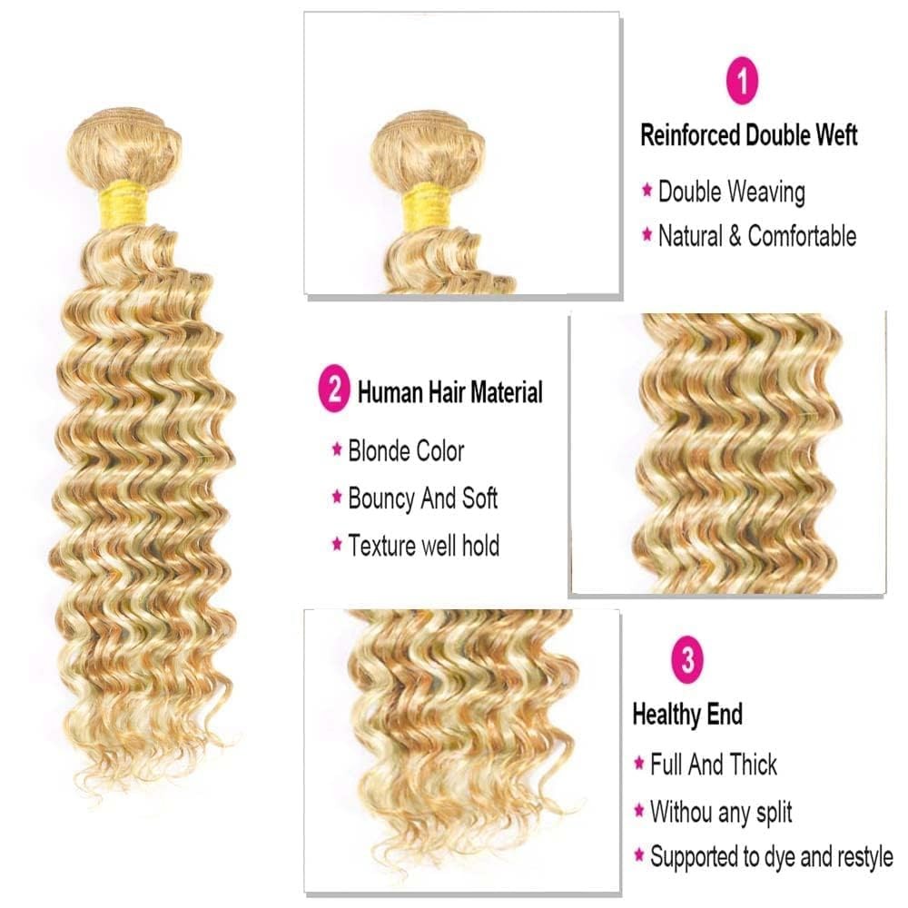 Giginger Bundles Human Hair 300G P27/613 Blonde Deep Wave Human Hair Bundles 18