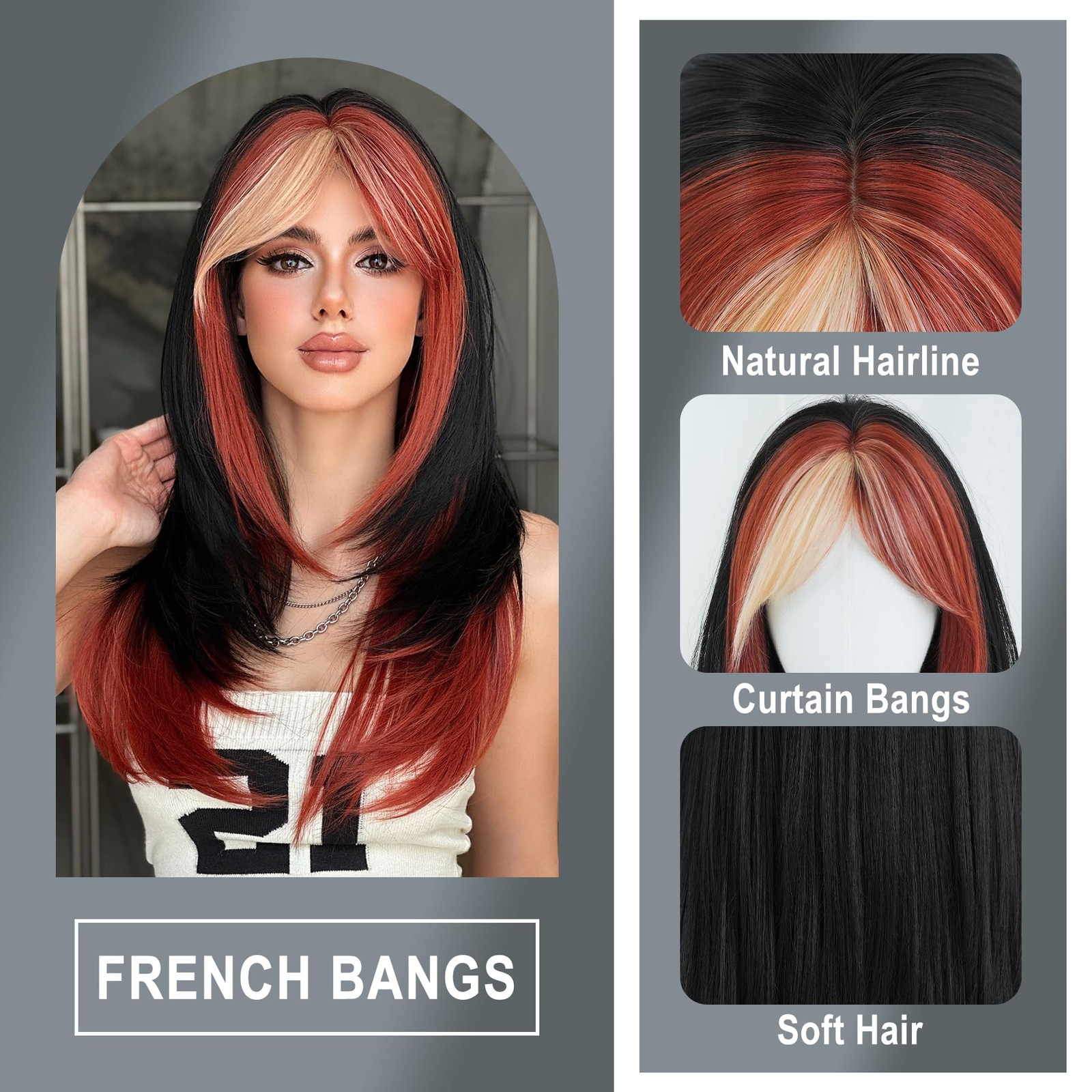 7Jhh Wigs Black Ginger Wig Half Orange Ombre Pink Bangs For Women 25 Inch