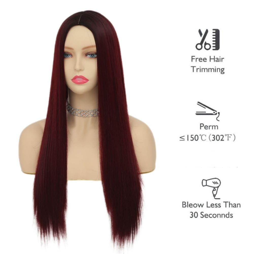 Red Long Straight Wigs for Women Dark Roots Burgundy Wig Halloween Daily Synt…