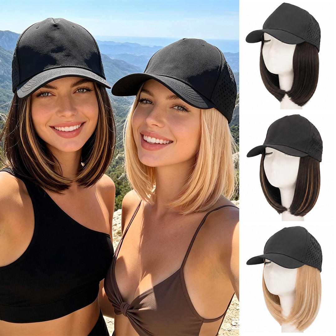 8in Breathable Baseball Hat Cap with Fake Straight Wavy Hair Hat Hair Bob wig