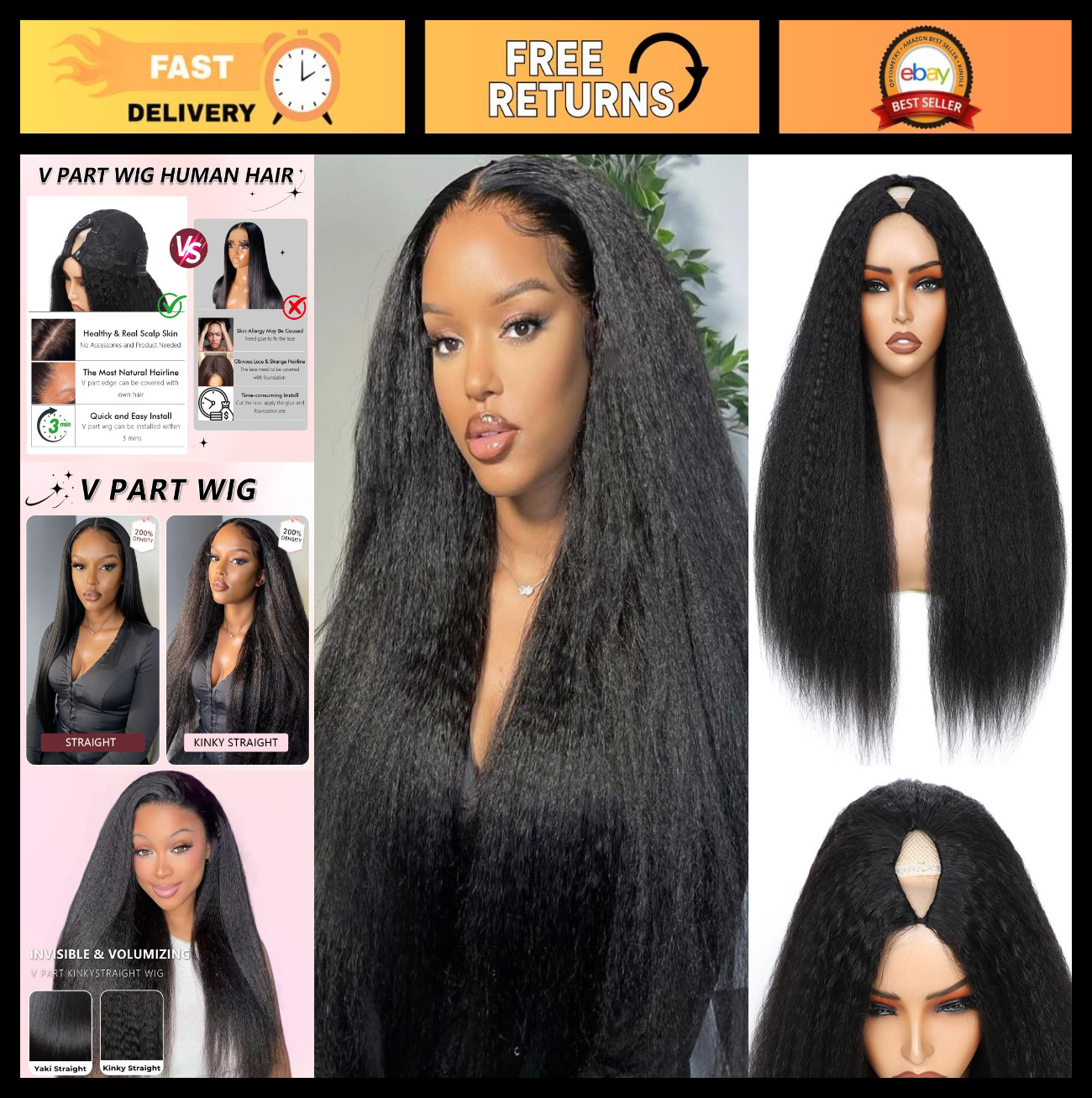Kinky Straight V Part Wig 24″ Human Hair, Glueless U Part, 200% Density, No Sew,
