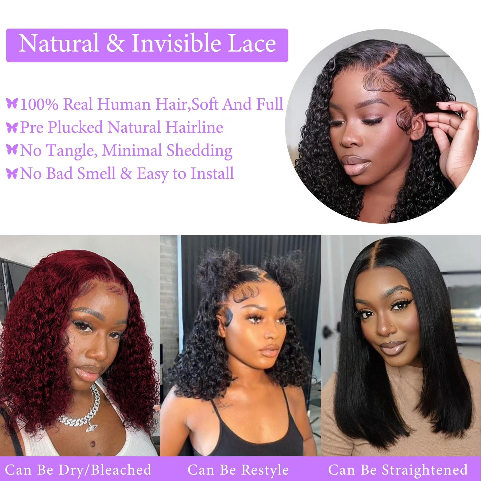 4×4 Wear and Go Lace Closures Wigs Human Hair Natural Black Color Kinky Curly