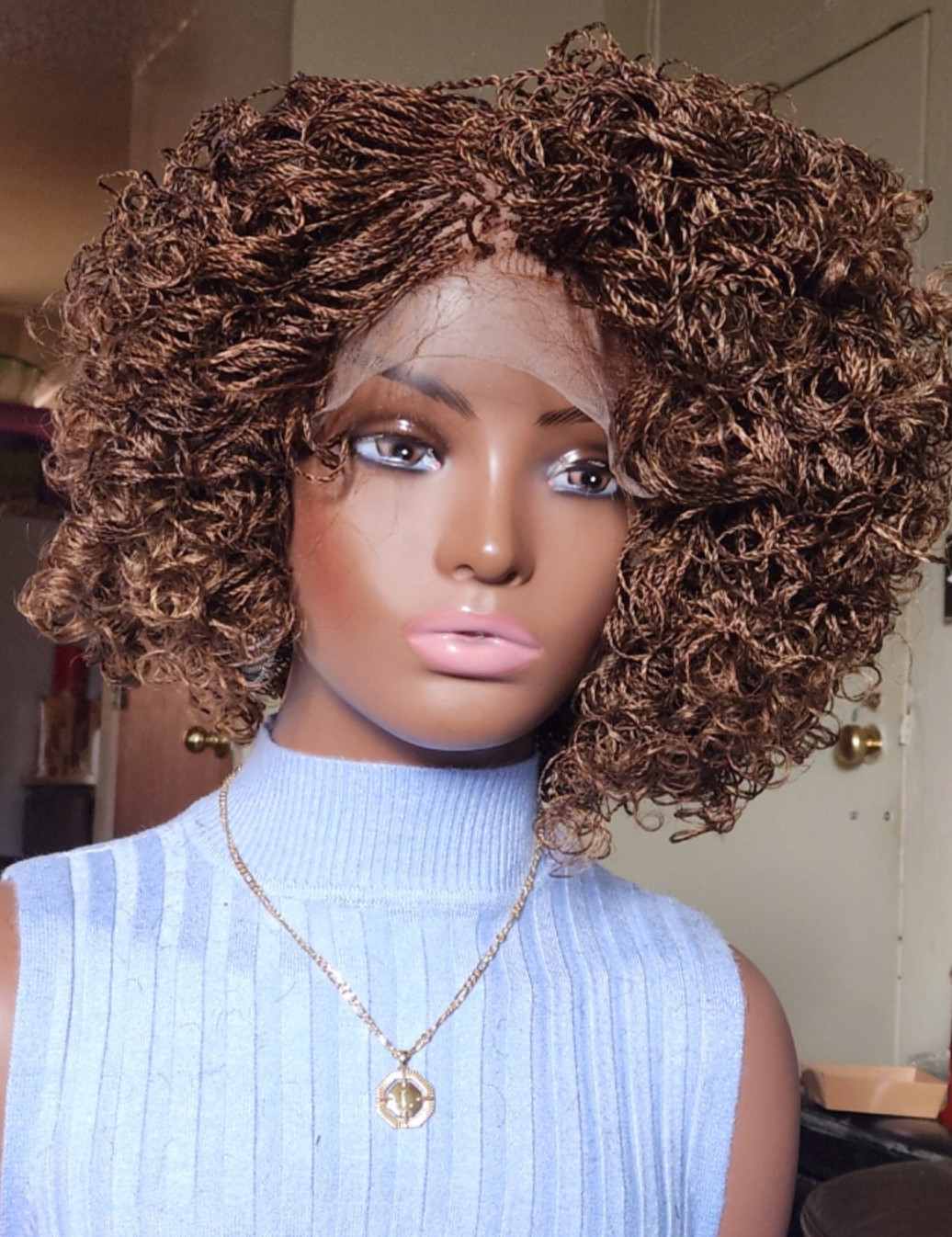 Handmade braided Senegalese twist curly wig Brown