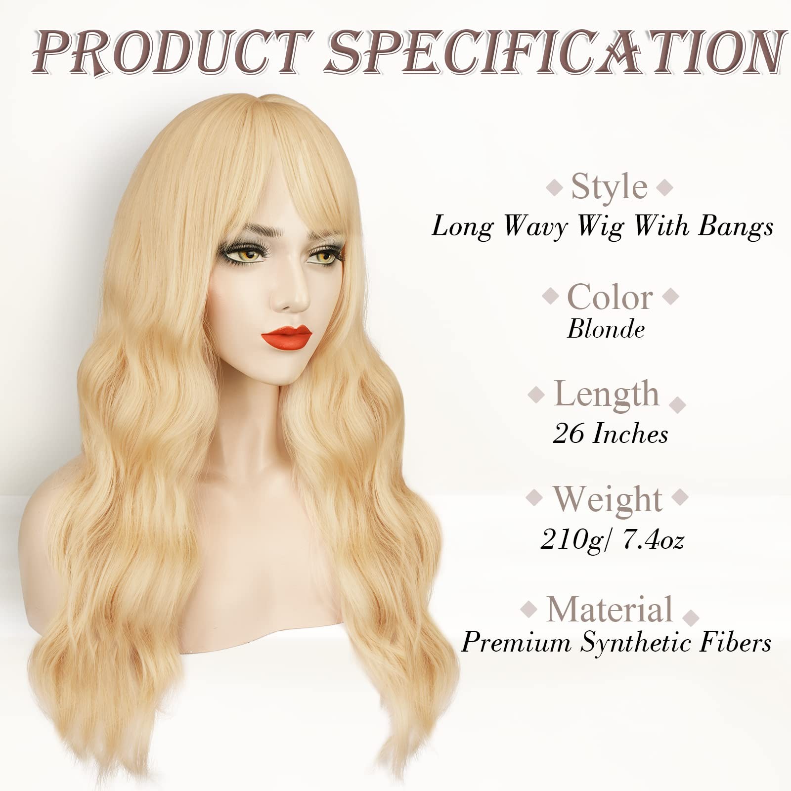 Long Wavy Blonde Wig With Bangs – 26 Inch Long Wavy Blonde Wig with Bangs for…