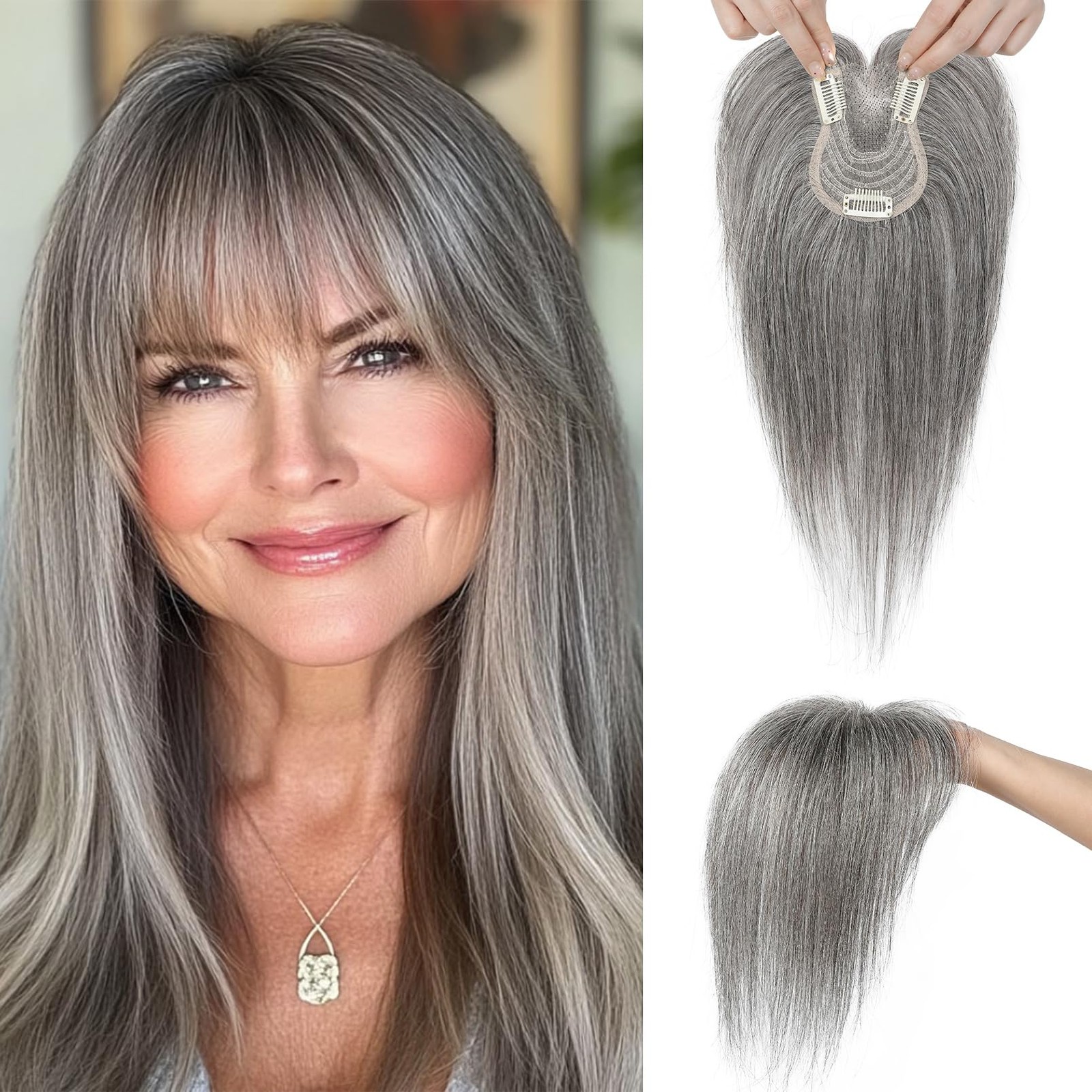 SEIKEA Hair Toppers for Women Real Human Hair, 10″ Clip in Bangs Hand-tied Base