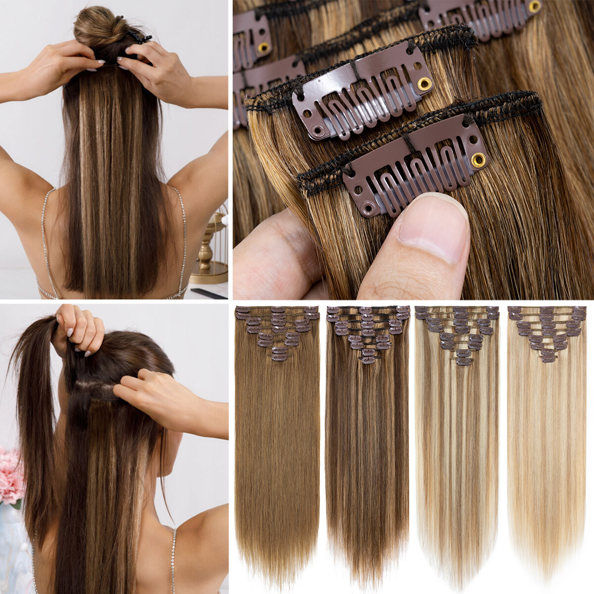 100% Human Hair Clip In Remy Hair Extensions Real Soft FULL HEAD Invisible Grey#